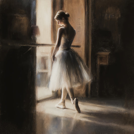soft classical painting of a ballerina standing in warm studio light with a tulle skirt.