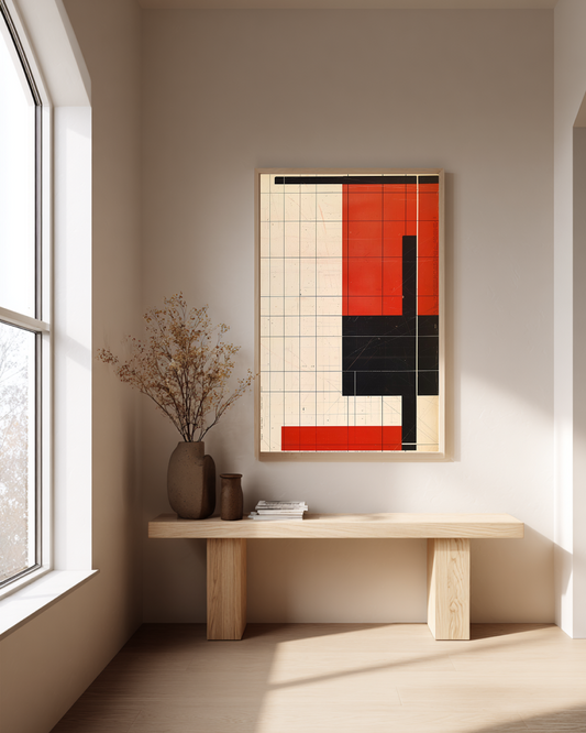 Modern interior with a abstract art piece on the wall, a wooden table, and a vase with flowers.