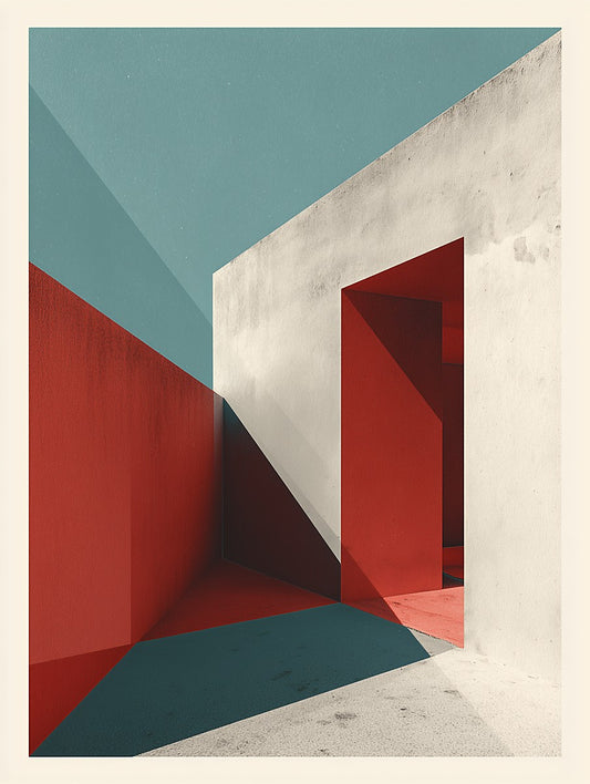 Abstract architectural scene with red, white, and blue geometric shapes.