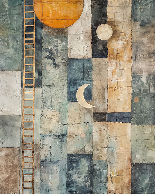 Abstract art piece with geometric shapes, a ladder, and celestial elements on a textured background.