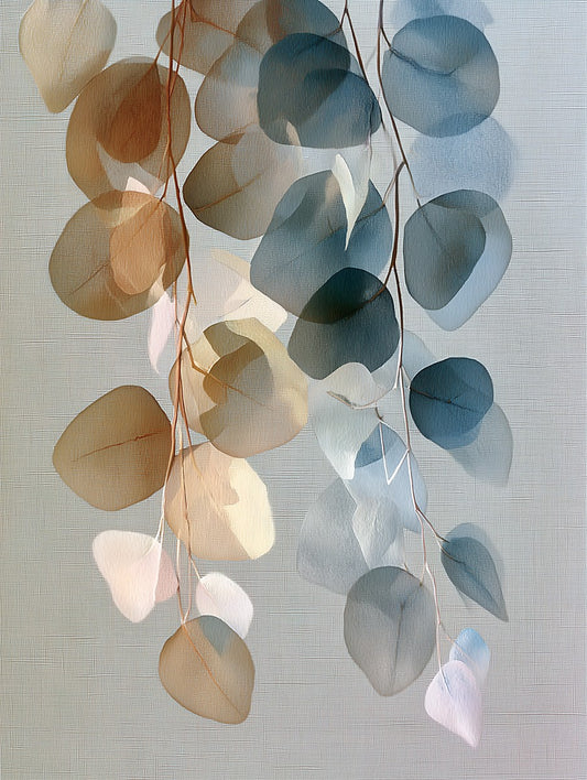 Soft translucent eucalyptus leaves with visible veins and warm natural shadows – modern botanical wall art.