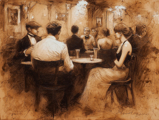 The Gathering: sepia sketch of an elegant group seated at a café table in warm evening ambience.