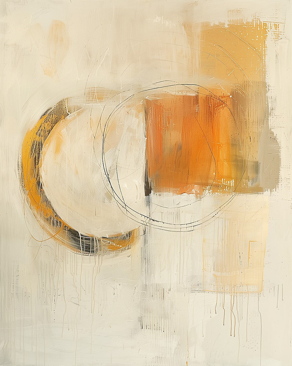 Warm neutral abstract artwork with circular strokes in cream, gold, and soft teal.