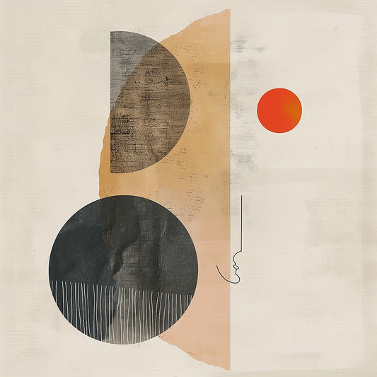 Minimal geometric artwork with warm beige, terracotta accent, and bold charcoal circle – digital print by Nuve