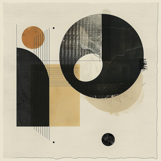 minimal geometric print with bold black circle, warm ochre shapes, and textured paper background”