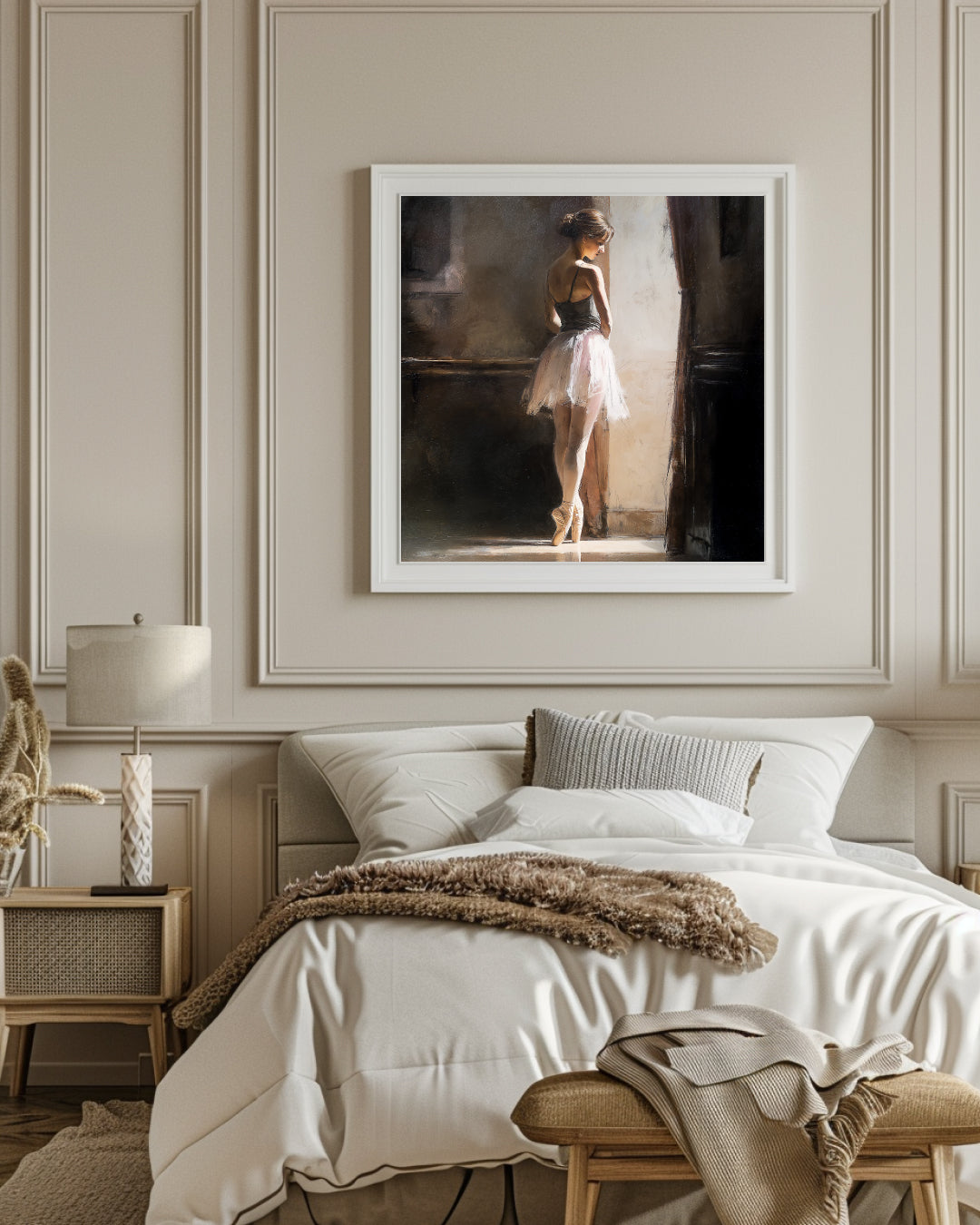 soft classical painting of a ballerina standing in warm studio light with a tulle skirt.