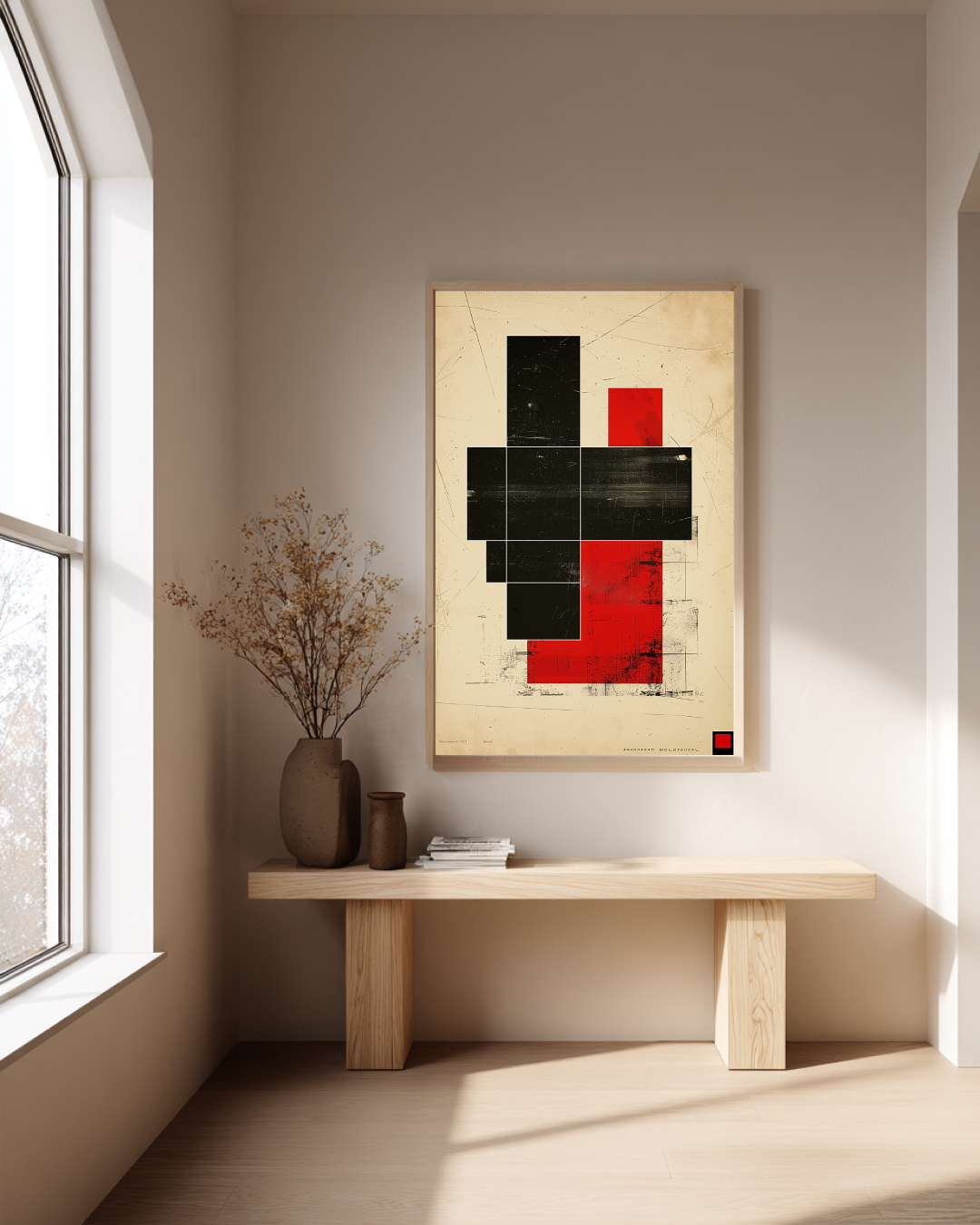 Modern interior with a abstract art piece on the wall, a wooden table, and a vase.