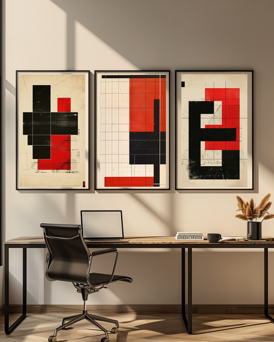 Modern office setup with abstract art on the wall
