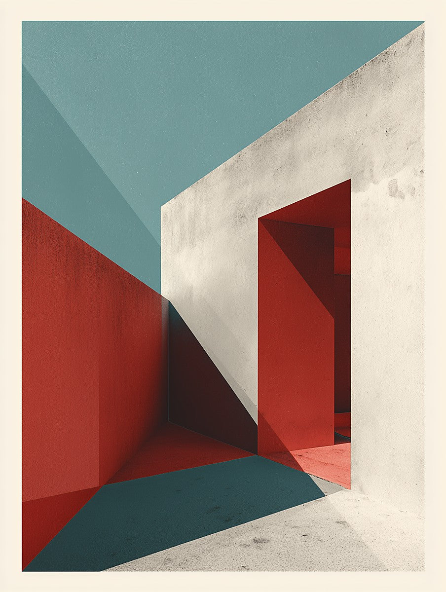Abstract architectural scene with red, white, and blue geometric shapes.