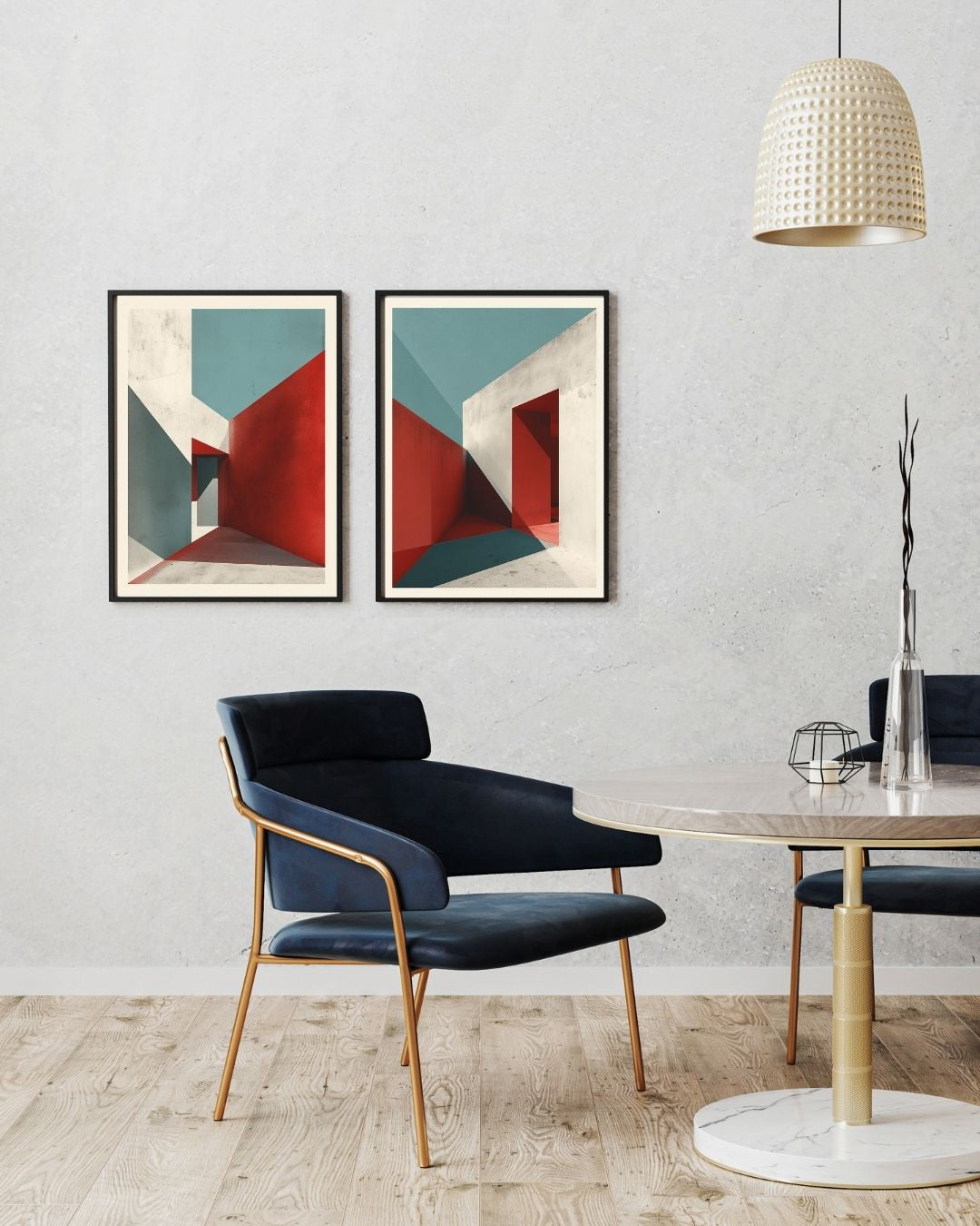 Modern interior with abstract art, chairs, and a table.