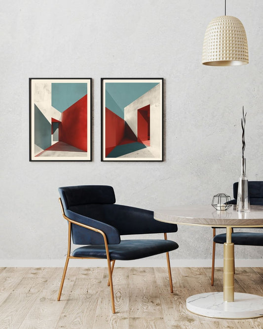 Modern interior with abstract art, chairs, and a table.