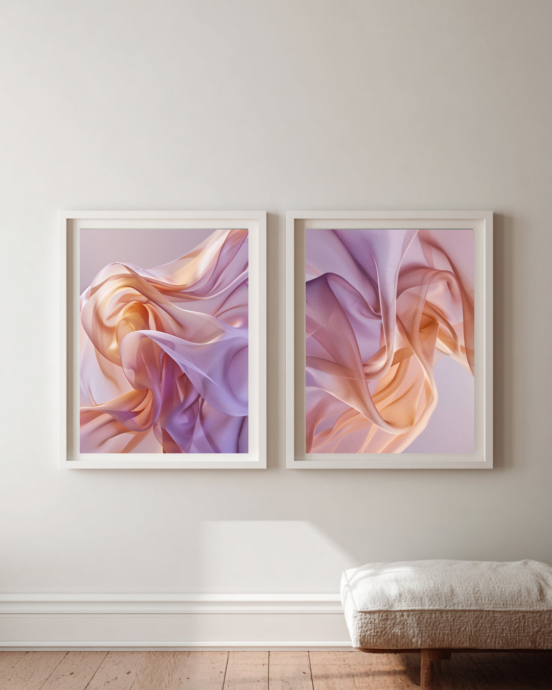 Two abstract art pieces in frames on a wall with a cushioned bench below.