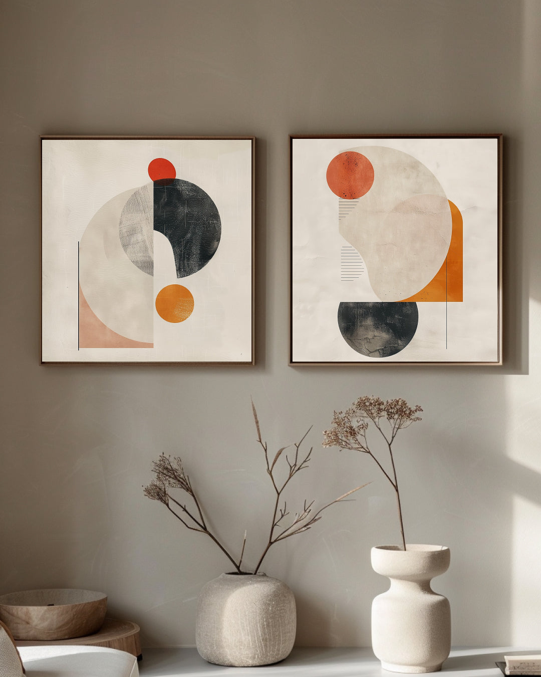 Contemporary geometric abstract print with soft shapes, terracotta circle, and neutral textures – modern wall art