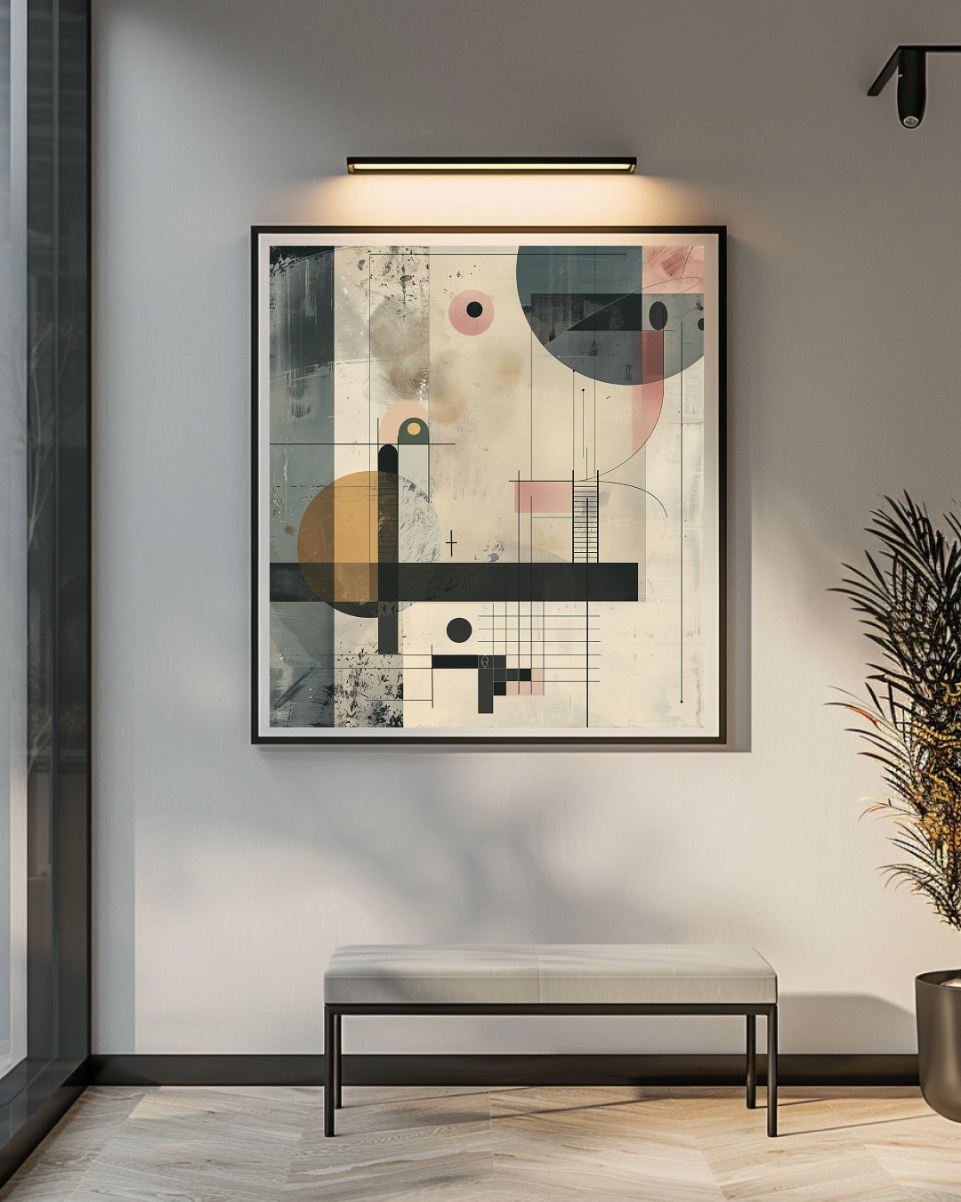 Contemporary geometric composition featuring circles, rectangles, and fine linework in a modern neutral palette.