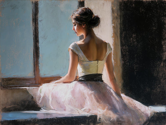 ballerina seated near a bright window wearing a soft pink skirt, painted in pastel textures.