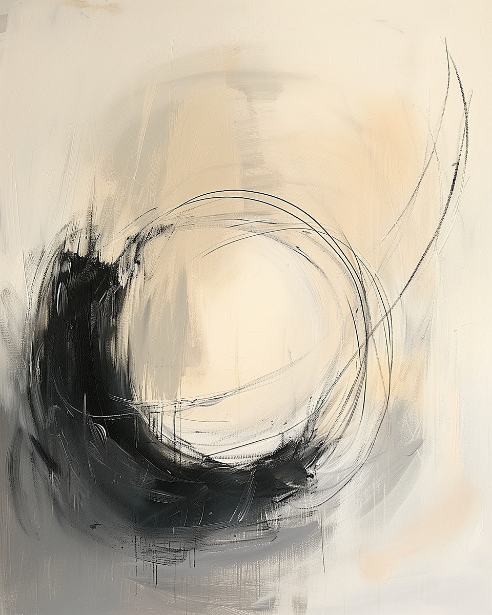 Monochrome abstract artwork with sweeping black circular strokes on beige background.