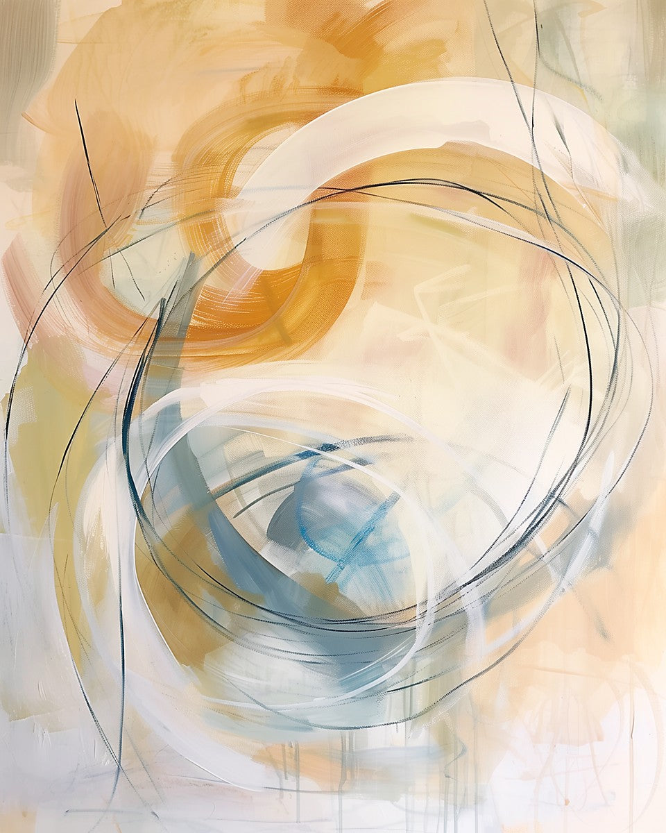Beige and gold abstract art with soft geometric shapes and expressive linework.