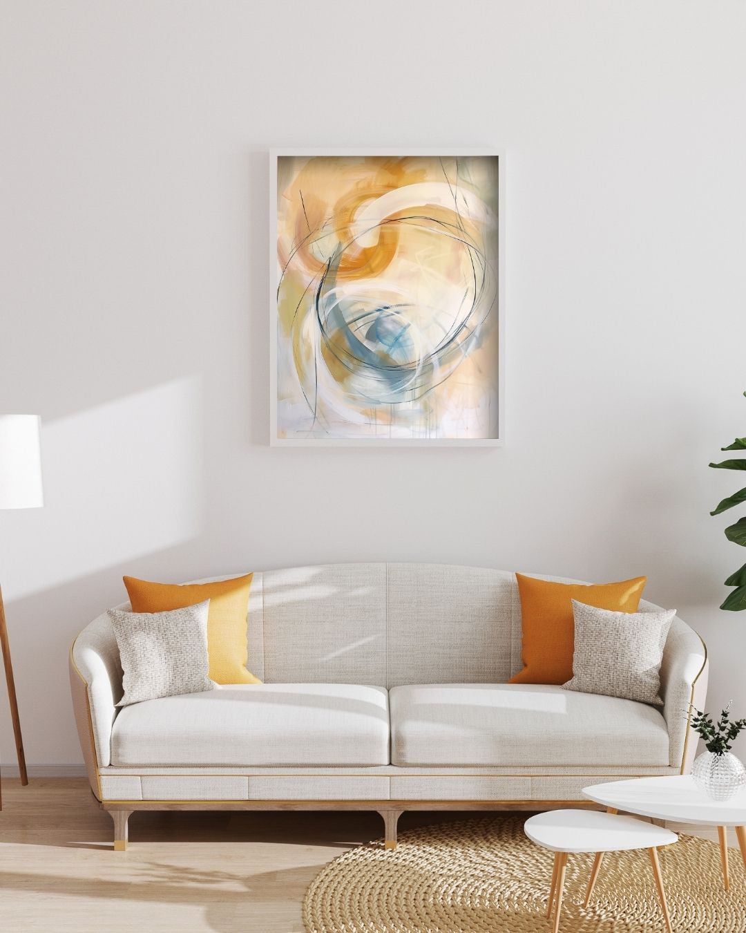 Beige and gold abstract art with soft geometric shapes and expressive linework.