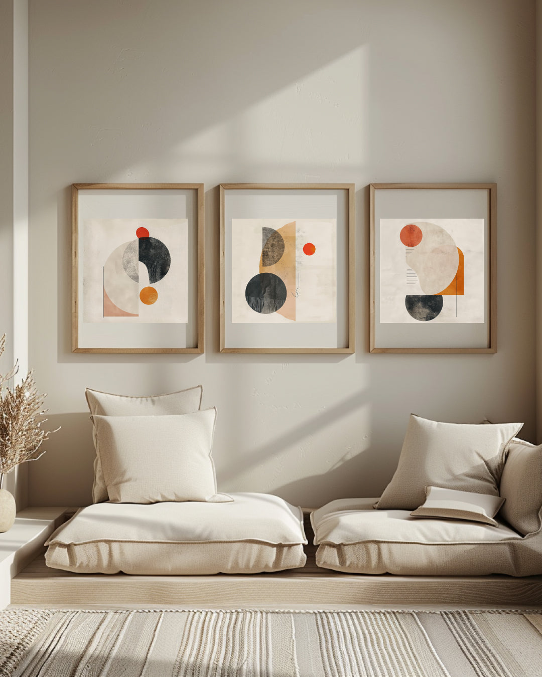 Geometric abstract wall art with terracotta and black circular shapes – modern minimal print by Nuve
