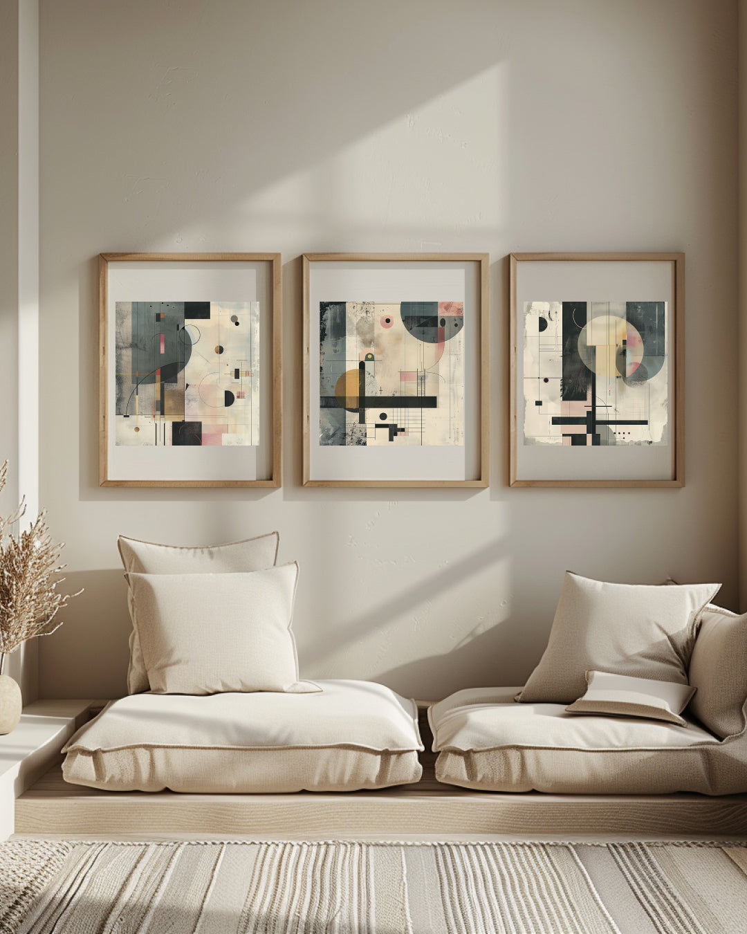 Geometric Bauhaus‑inspired wall art with layered shapes, soft textures,