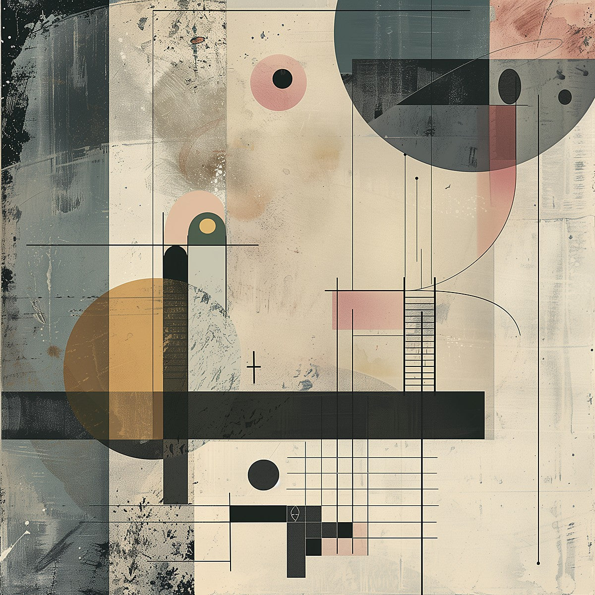 Abstract art piece with geometric shapes and colors on a textured background