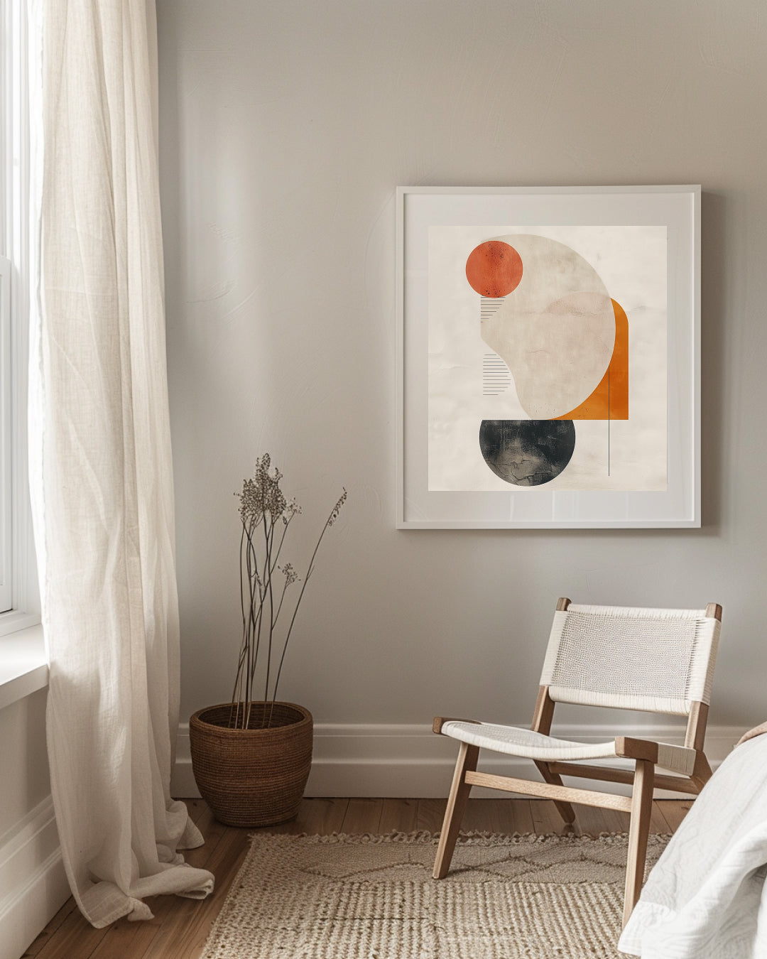Geometric abstract wall art with terracotta and black circular shapes – modern minimal print by Nuve