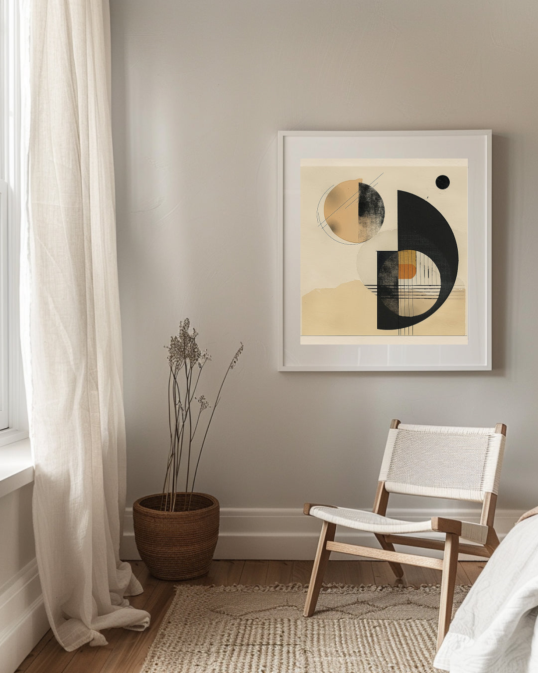 modern geometric abstract wall art with circles and grid lines in beige, black, and ochre tones
