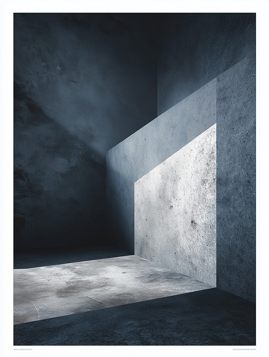 Concrete room with a light source casting shadows on the walls