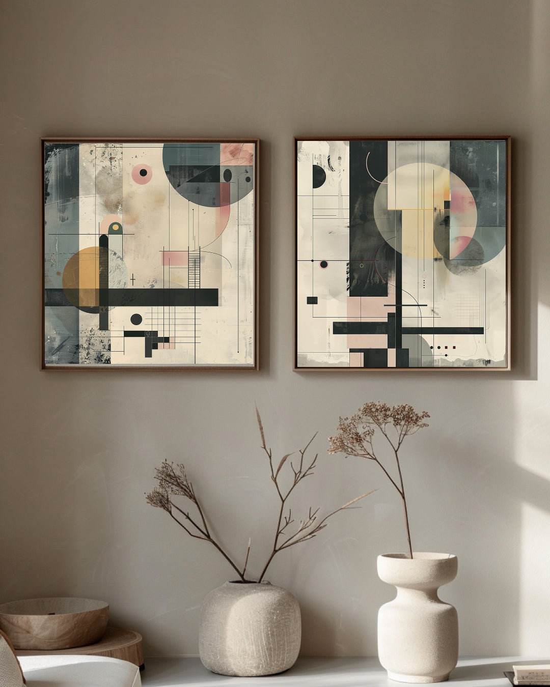 inspired wall art with layered shapes, soft textures, and neutral modern color