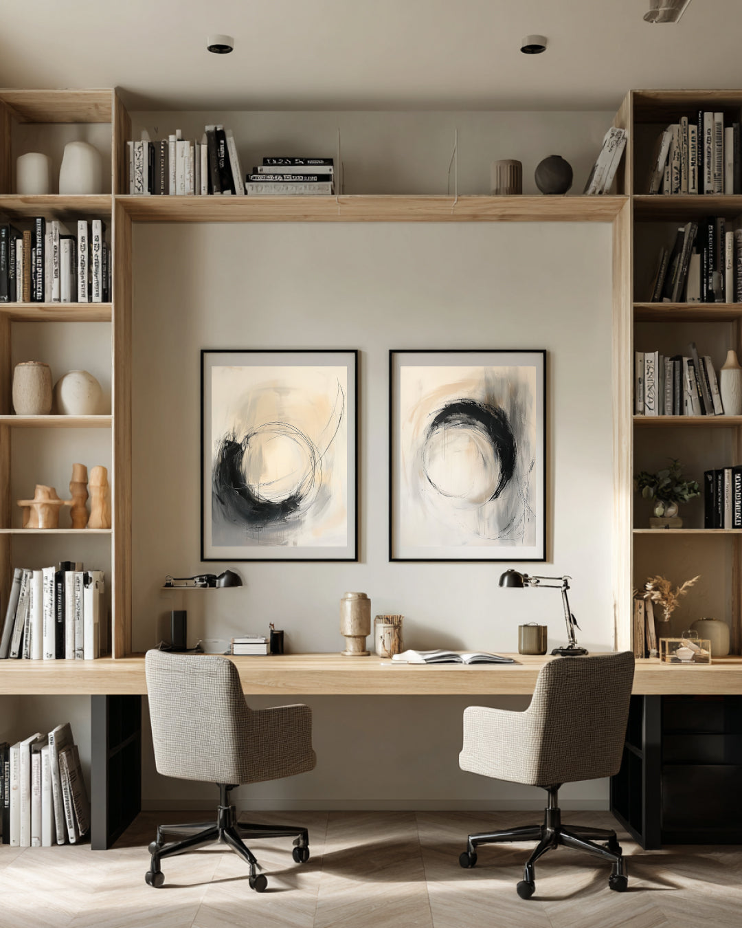 Modern home office with bookshelves, desk, and abstract art on the wall.