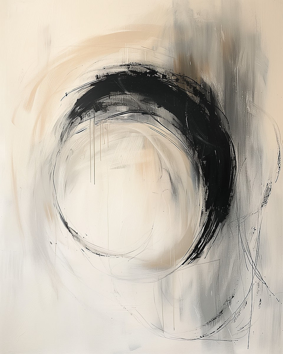 Abstract art with a black circle on a beige background