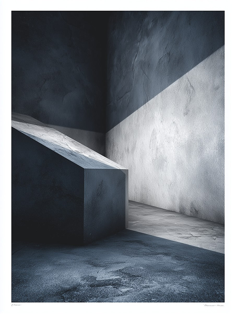 Abstract architectural scene with geometric shapes in a dark room.