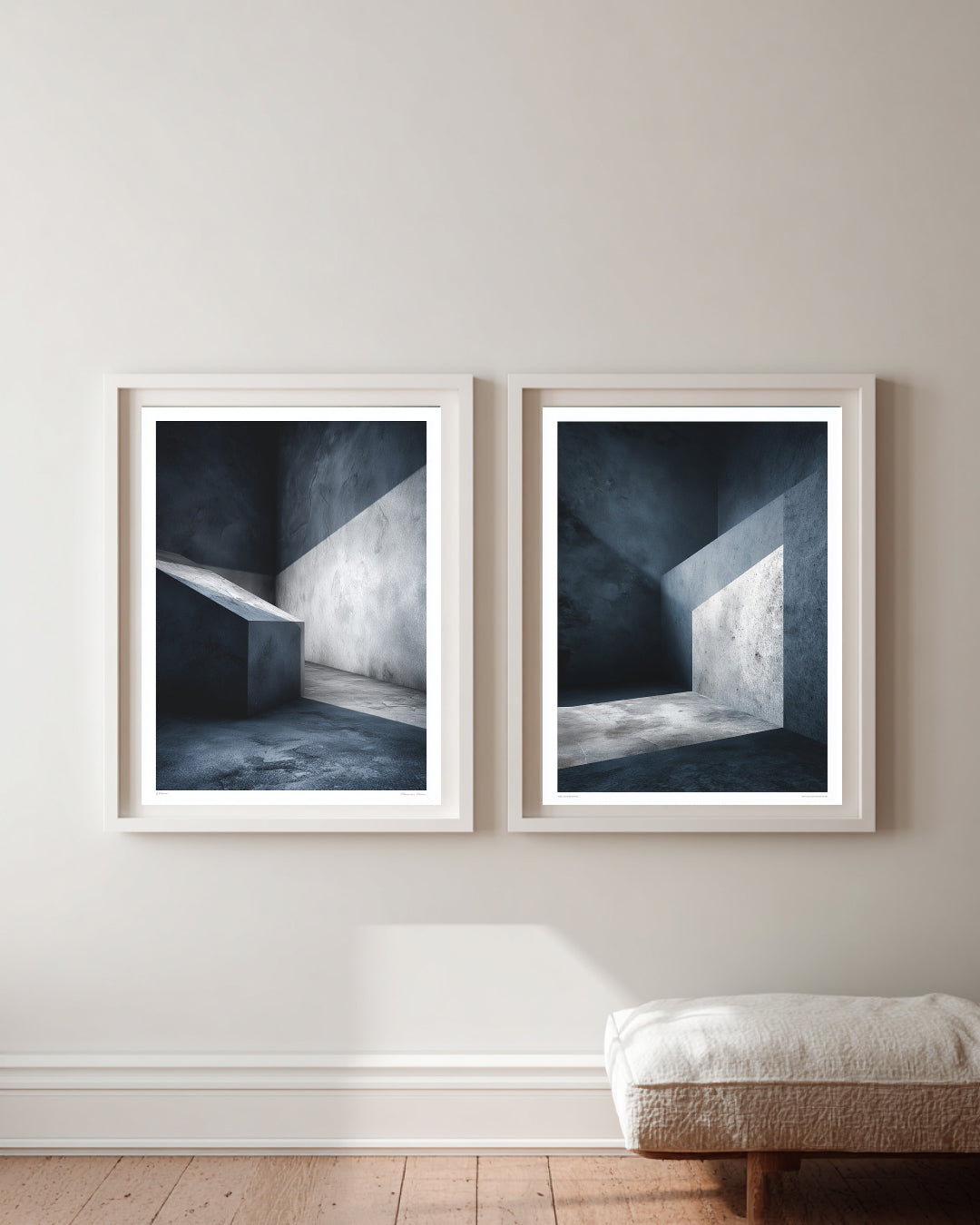Nordic Nights- Two framed artworks on a wall with a bench in the foreground.