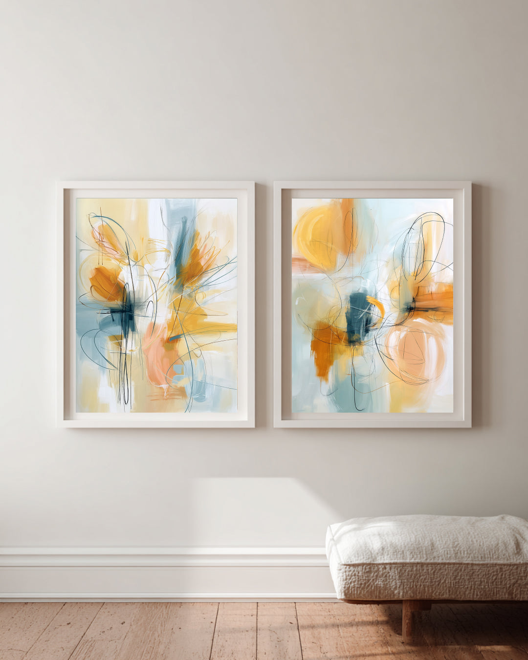 Soft pastel abstract artwork with peach, teal, and gold expressive brushstrokes.