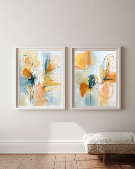 Soft pastel abstract artwork with peach, teal, and gold expressive brushstrokes.