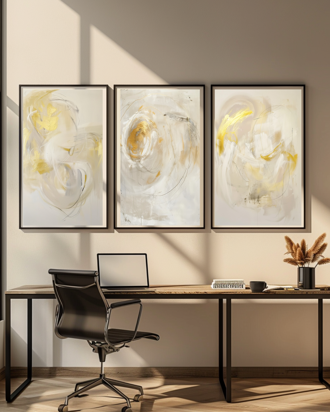 Modern office setup with abstract art on the wall and a desk.