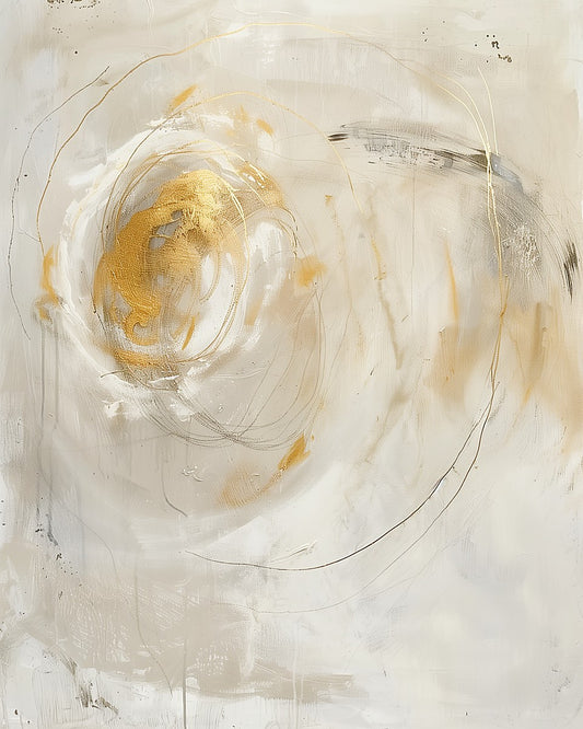 Abstract art piece with gold and black elements on a white background