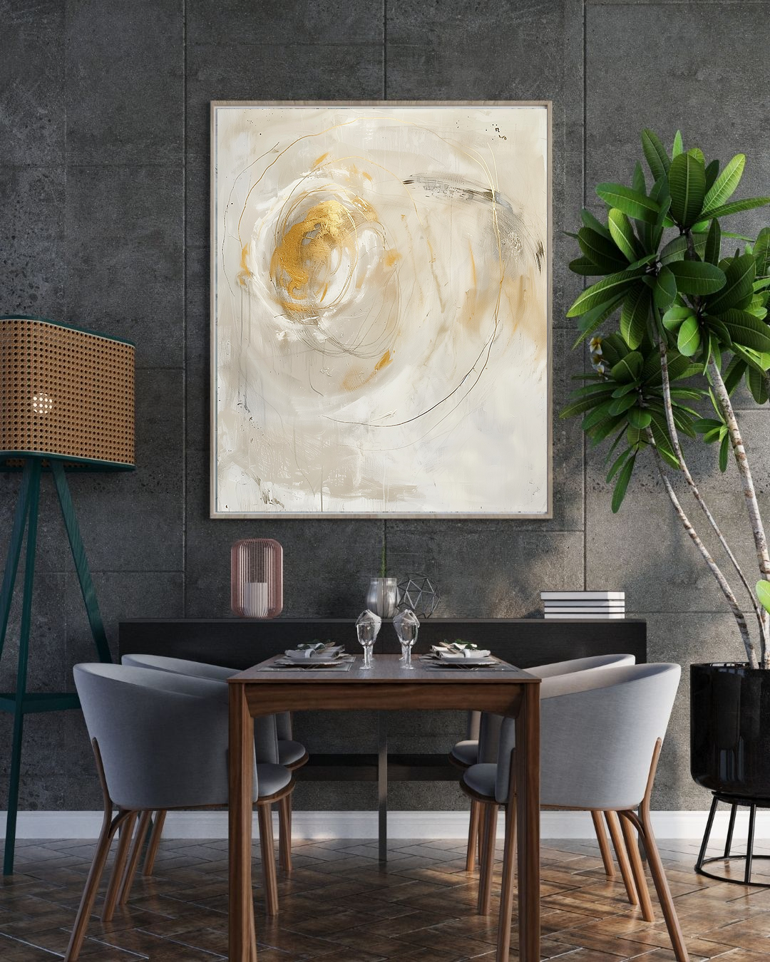 Dining room with a abstract painting on the wall, table, chairs, and plant.