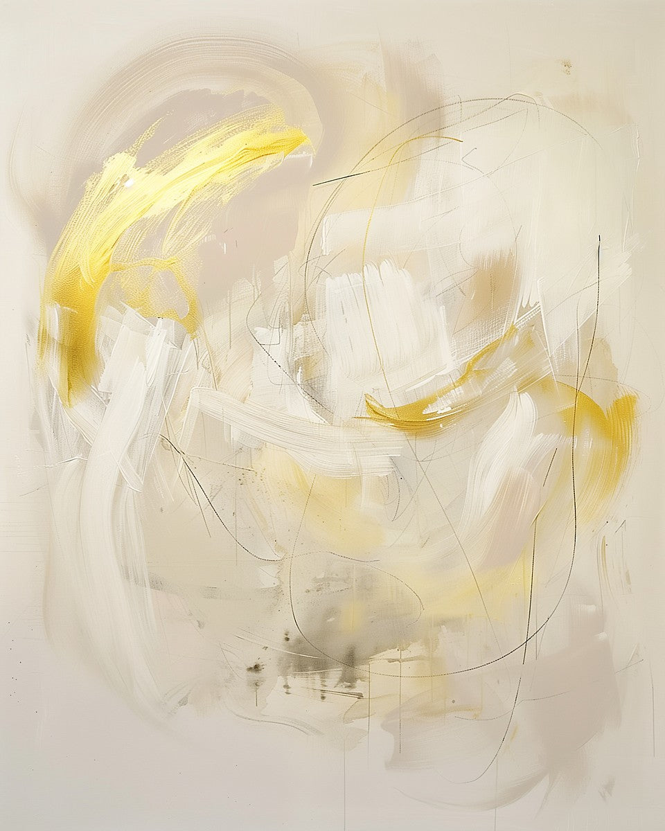 Abstract art with gold and white brush strokes on a light background