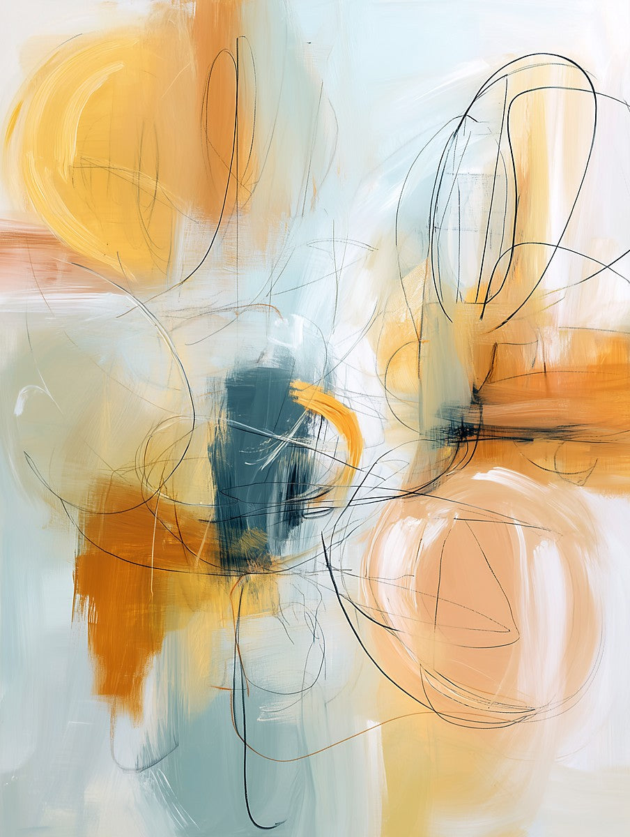 Abstract art with orange, yellow, and black circles on a light blue background