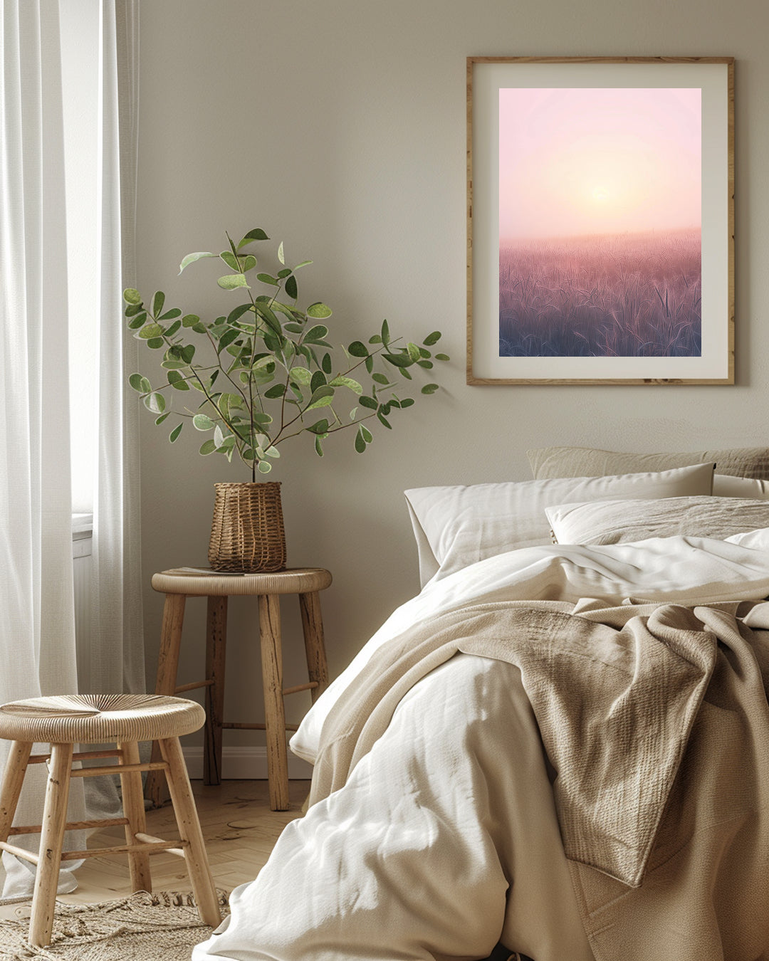 Neatly made bed with a plant on a side table in a bedroom setting