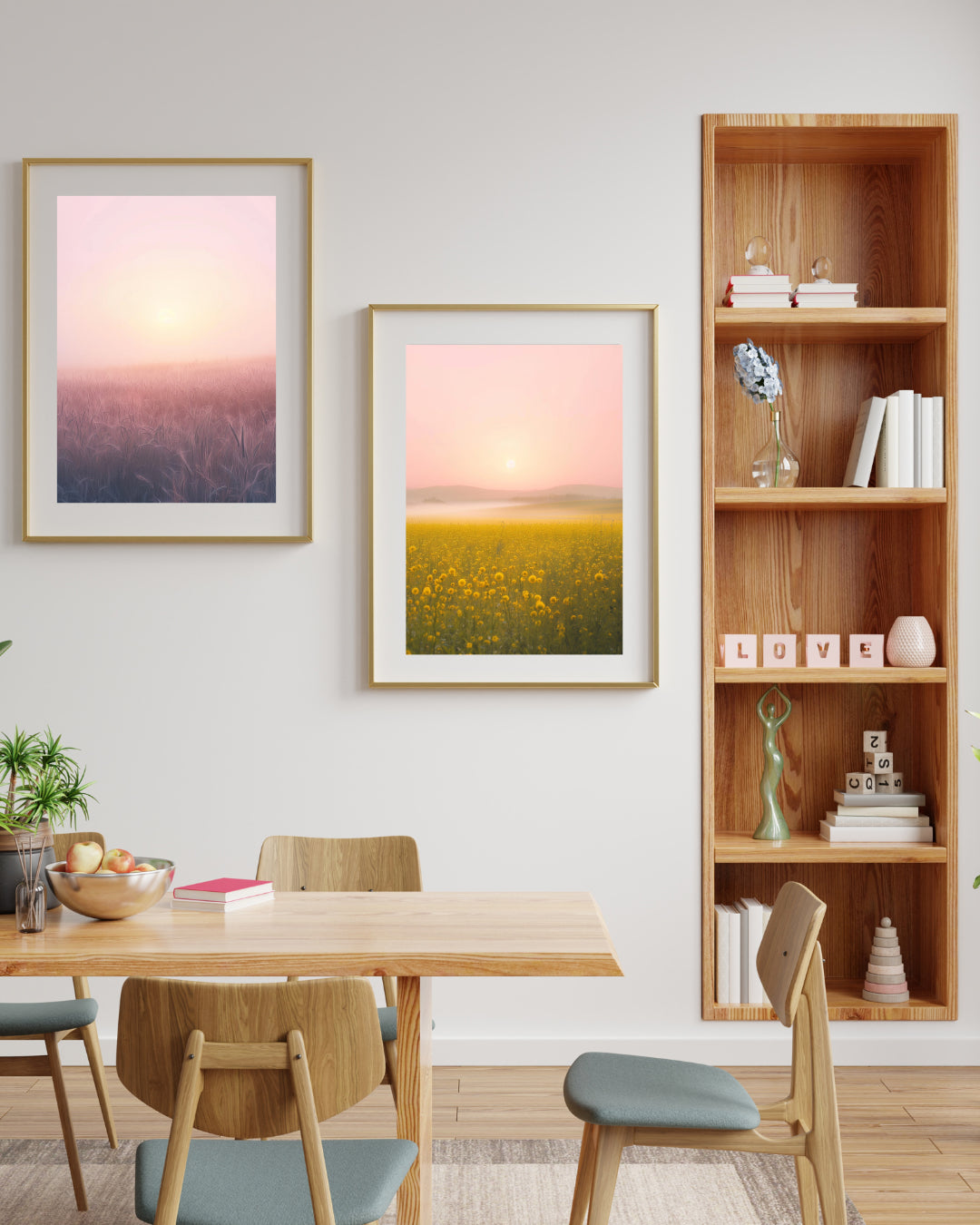 Dining room with wooden table, chairs, and a bookshelf with decorative items.