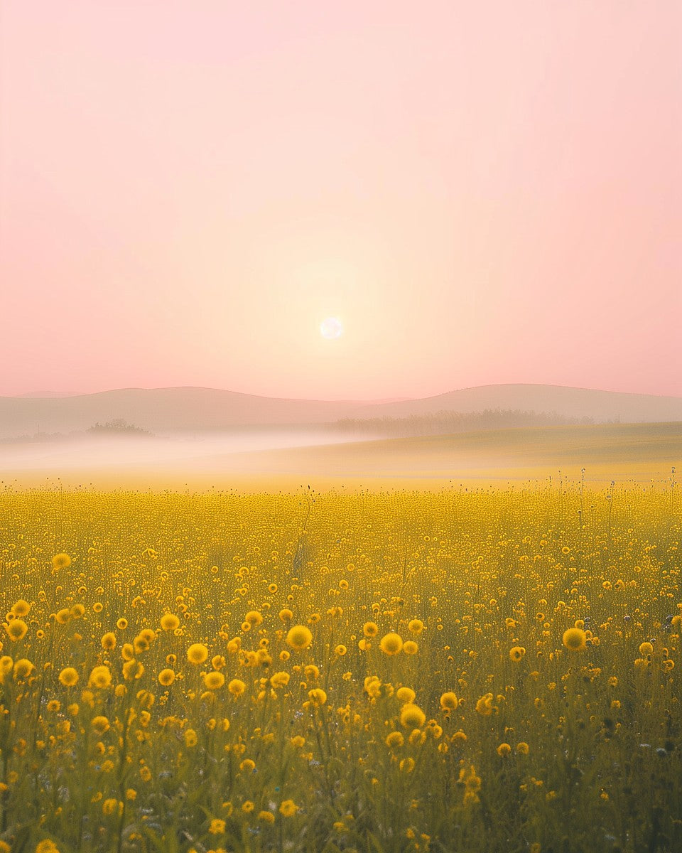 Sunset over a field of yellow flowers with mountains in the background