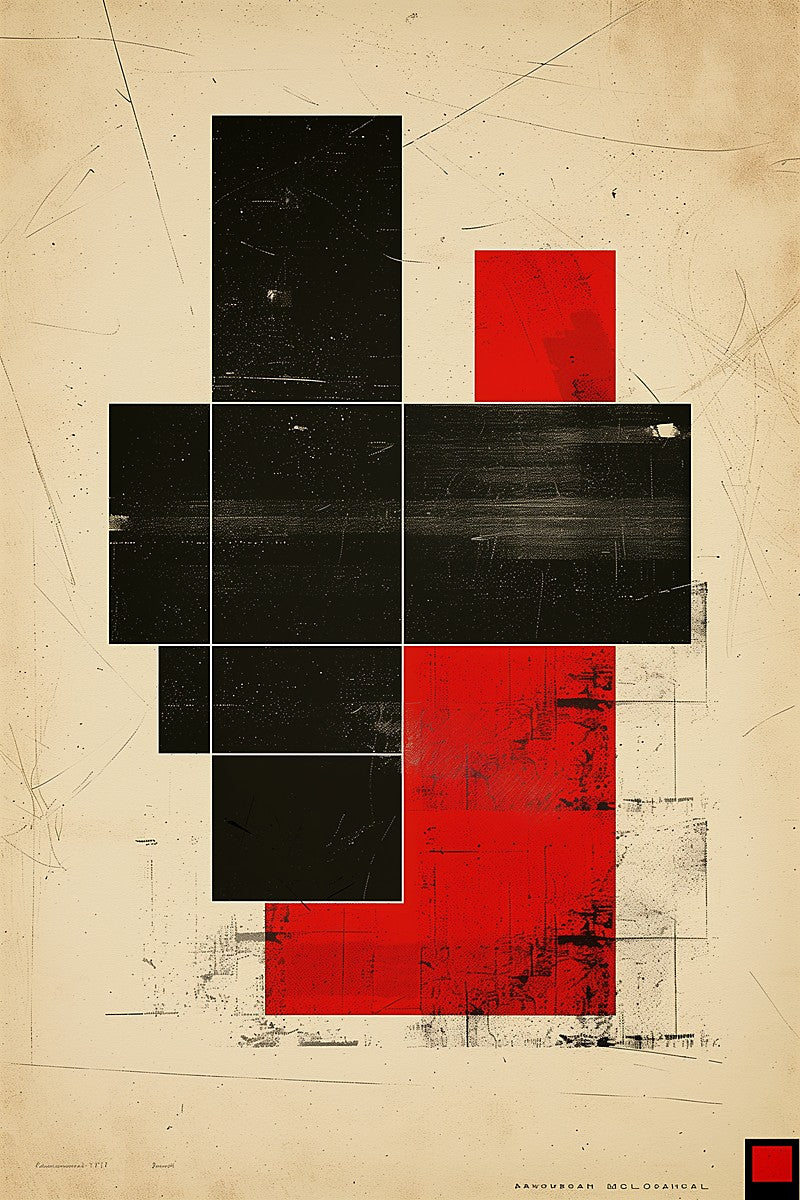 Abstract art piece with black and red geometric shapes on a textured beige background