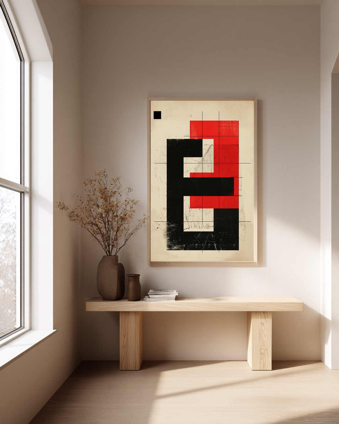 Modern interior with a abstract art piece on the wall, a wooden table, and a vase.