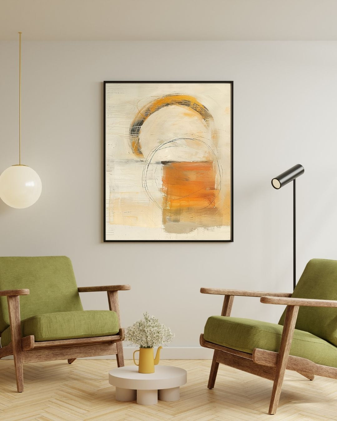 Warm neutral abstract artwork with circular strokes in cream, gold, and soft teal.