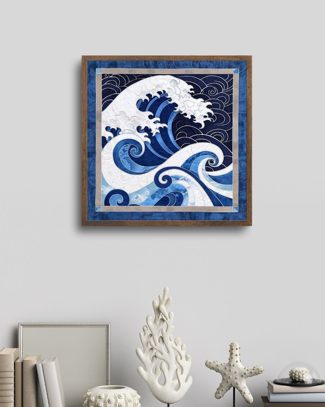 Decorative Japanese wave artwork with intricate linework and framed indigo background
