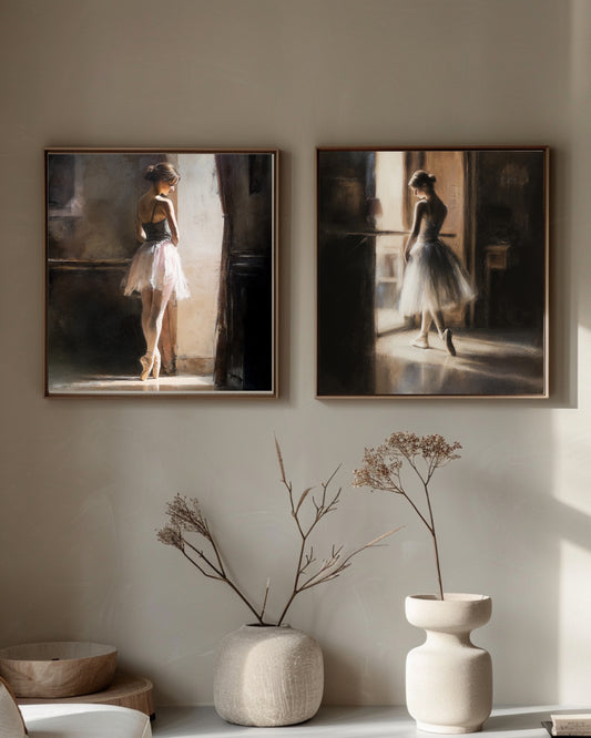 elegant ballerina in soft light, standing en pointe beside a curtain in a classical studio.