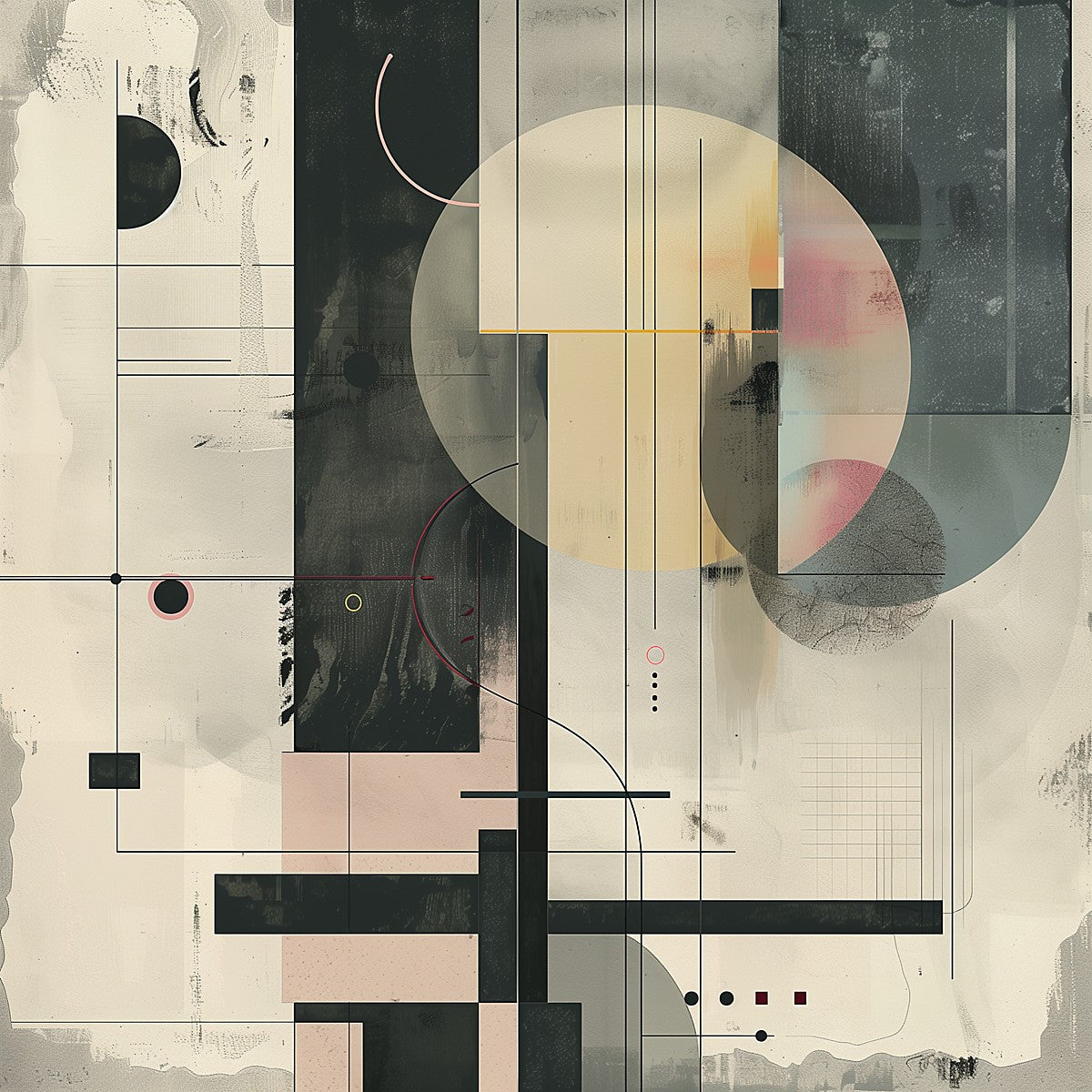 Abstract art piece with geometric shapes and color blocks on a textured background