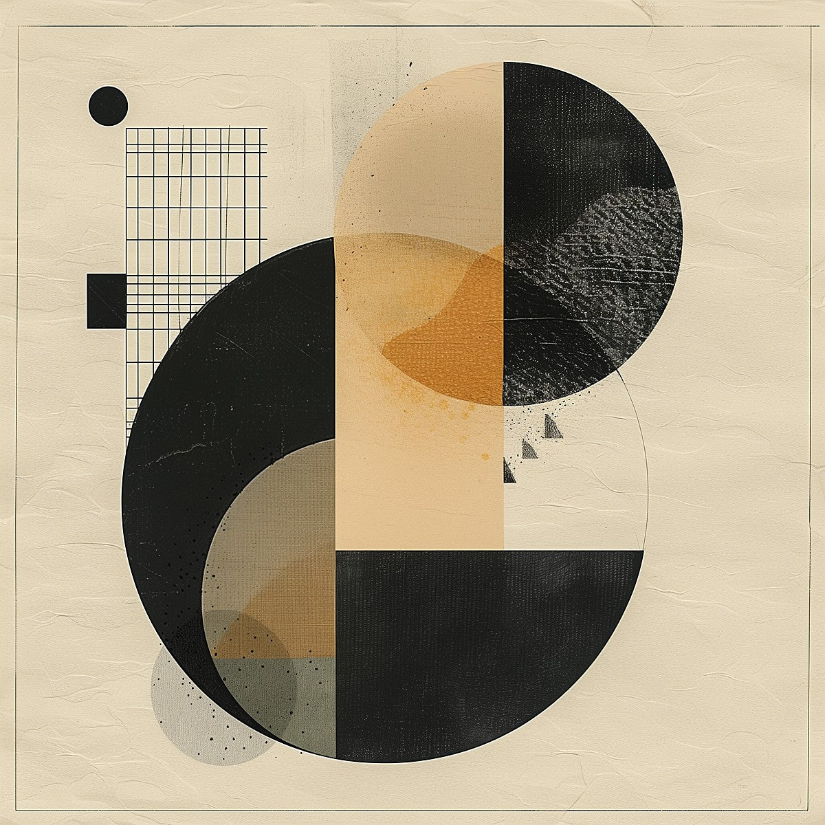 modern geometric abstract wall art with circles and grid lines in beige, black, and ochre tones